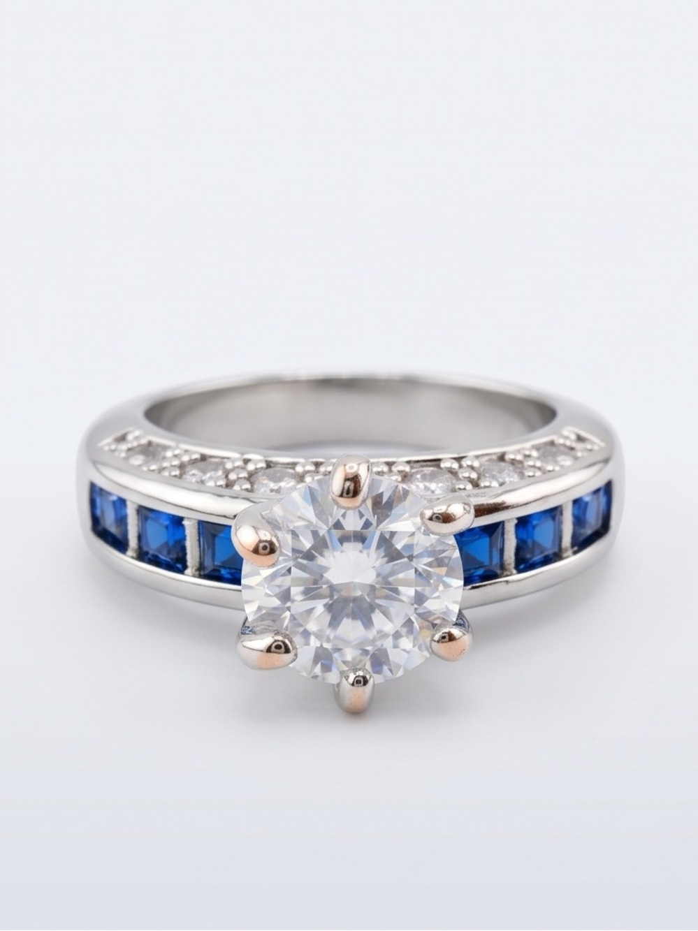 Round Cut Solitaire Ring with Blue Accents Genuine Stones Size 5-1/2